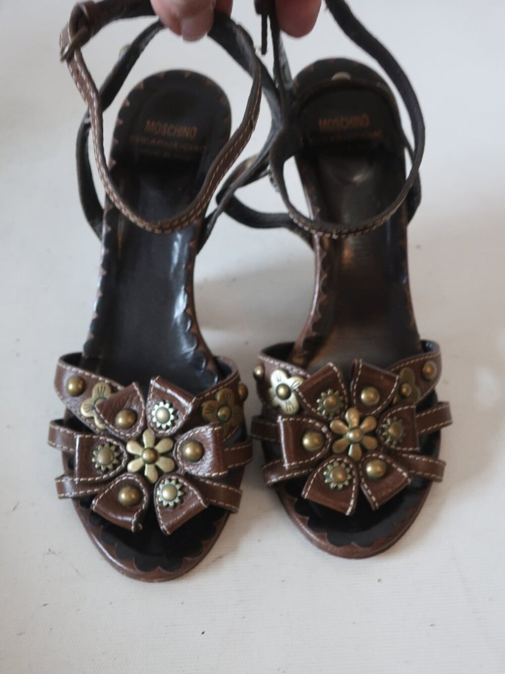Women Moschino Cheap and Chic Brown Leather Studded Wedge Heel Pumps 37.5 US/7.5